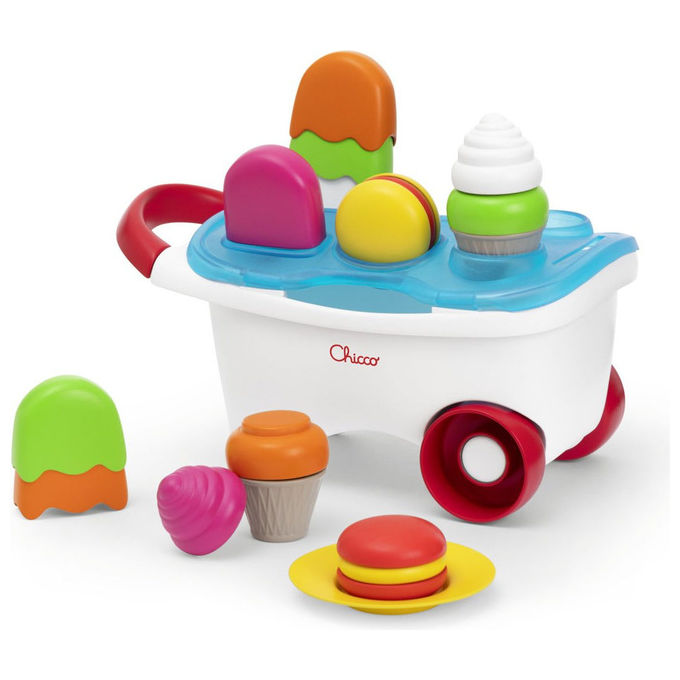 Chicco 00012149000000 Gioco Carretto dei Gelati 2in1 con Attivita' di Impilamento e Incastro e Playset da 19 Pezzi colore Multicolore