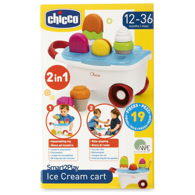 Chicco 00012149000000 Gioco Carretto dei Gelati 2in1 con Attivita' di Impilamento e Incastro e Playset da 19 Pezzi colore Multicolore