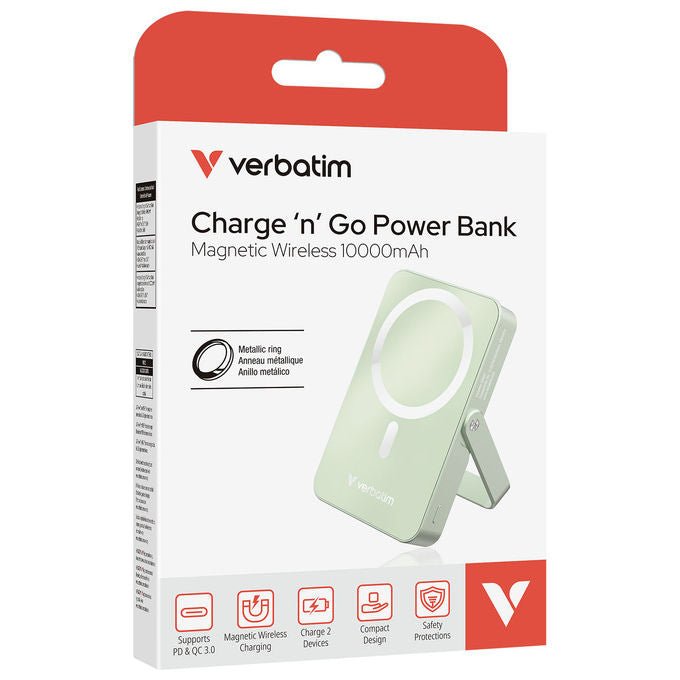 Verbatim MP52115410 Charge 'n' Go Power Bank 10000 mAh Ricarica Wireless Magnetica e USB-C 35 W colore Verde