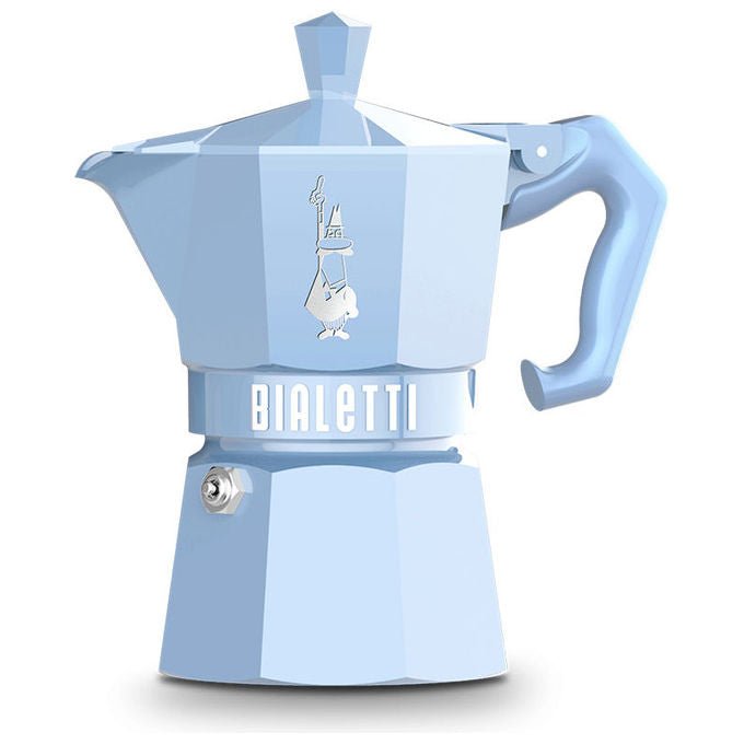 Bialetti 0009061 Moka Express Cafetiera Italiana in Alluminio 3 Tazze con Guarnizione in Silicone colore Blu Chiaro