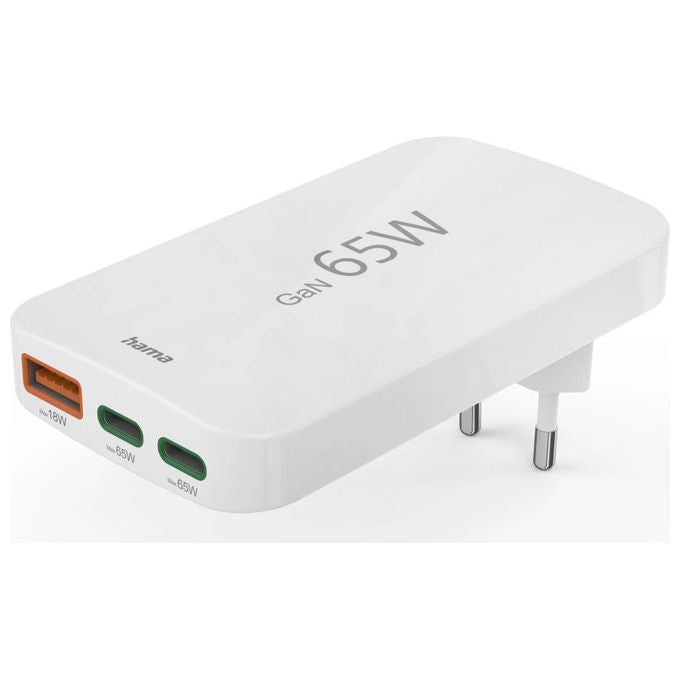 Hama 00201976 Caricabatterie 65 W 2x USB C 1x USB A Ricarica Rapida Power Delivery Quick Charge GaN Bianco