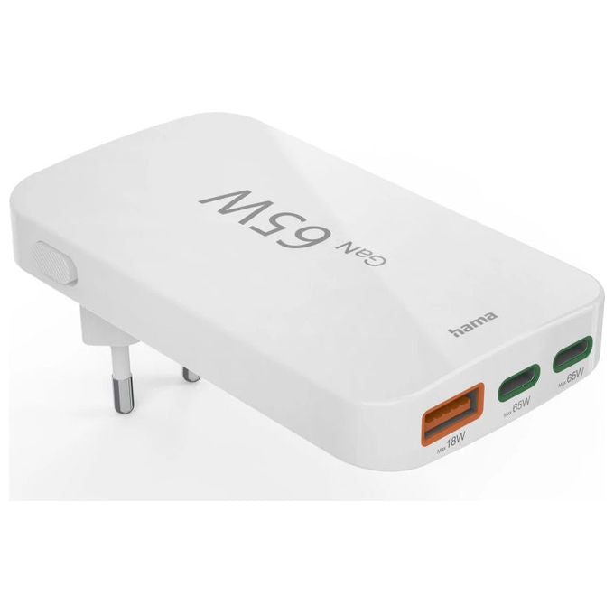 Hama 00201976 Caricabatterie 65 W 2x USB C 1x USB A Ricarica Rapida Power Delivery Quick Charge GaN Bianco