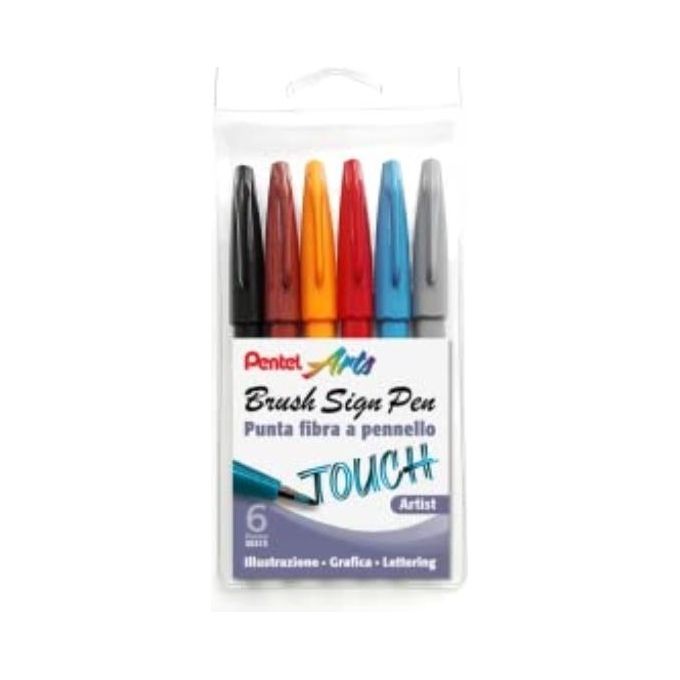 Pentel Sign Pen Brush Taschina 6 Pezzi Basic
