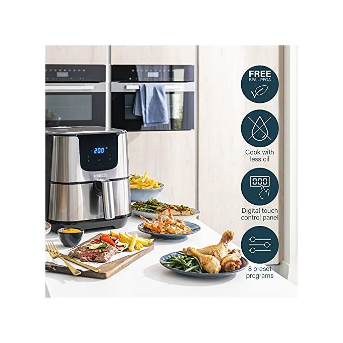 Princess 182060 Digital Aerofryer Deluxe XXL - Friggitrice ad aria 5,5 L, 1700 W, 8 programmi preimpostati, Display digitale, Tecnologia di circolazione dell'aria calda, Argento