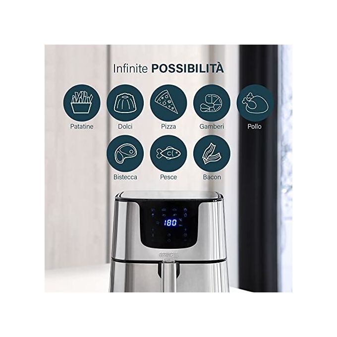 Princess 182060 Digital Aerofryer Deluxe XXL - Friggitrice ad aria 5,5 L, 1700 W, 8 programmi preimpostati, Display digitale, Tecnologia di circolazione dell'aria calda, Argento