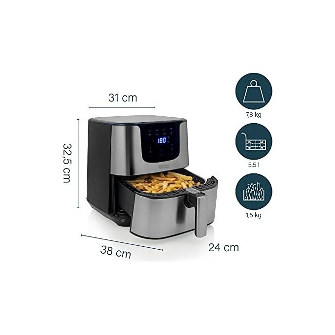 Princess 182060 Digital Aerofryer Deluxe XXL - Friggitrice ad aria 5,5 L, 1700 W, 8 programmi preimpostati, Display digitale, Tecnologia di circolazione dell'aria calda, Argento