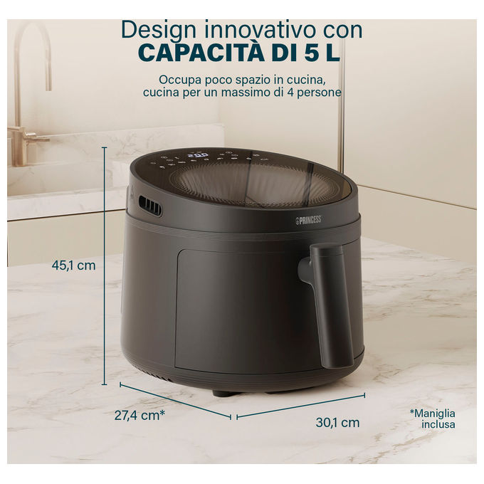 Princess 182270 - Friggitrice ad aria 5 L, 1500 W, 8 programmi preimpostati, Display digitale, Tecnologia ciclonica Zyklon, Nero