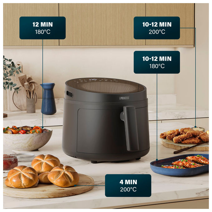Princess 182270 - Friggitrice ad aria 5 L, 1500 W, 8 programmi preimpostati, Display digitale, Tecnologia ciclonica Zyklon, Nero