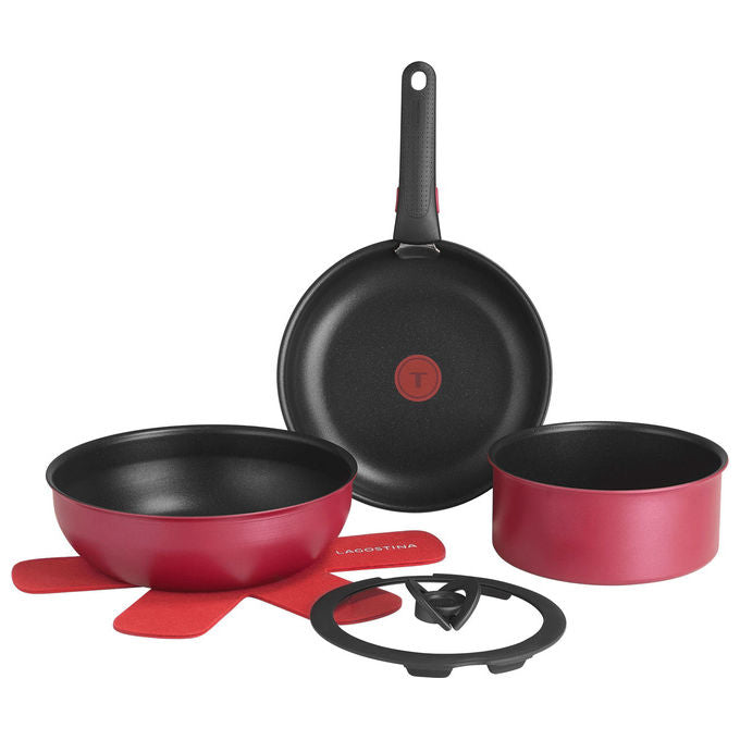 Lagostina 0102976000007 Ingenio Rubino Set padelle Antiaderente Manico rimovibile Induzione Gas 7 pezzi colore Nero Rosso