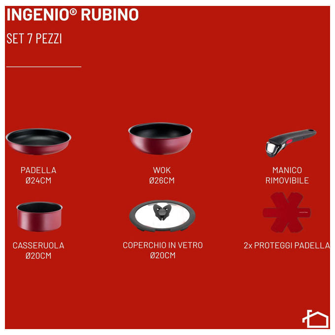 Lagostina 0102976000007 Ingenio Rubino Set padelle Antiaderente Manico rimovibile Induzione Gas 7 pezzi colore Nero Rosso