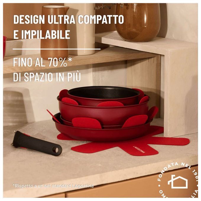 Lagostina 0102976000007 Ingenio Rubino Set padelle Antiaderente Manico rimovibile Induzione Gas 7 pezzi colore Nero Rosso