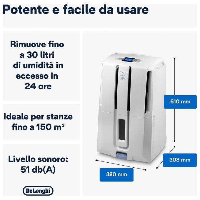 De’Longhi, Deumidificatore Tasciugo, 30L, Con Pompa, Grigio