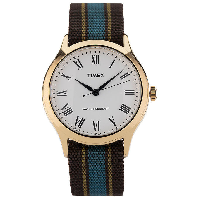 Timex Orologio al Quarzo WHITNEY AVENUE 35MM Oro Quadrante Bianco Cinturino Tessuto Slavato Marrone-Giallo-Turchese 50M Resistente all'Acqua