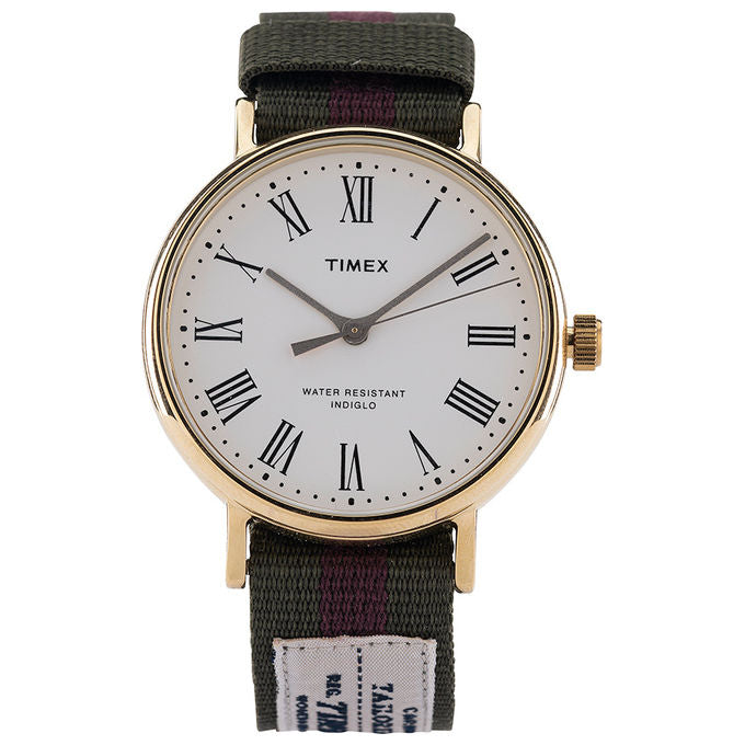 Timex Orologio al Quarzo FAIRFIELD AVENUE Quadrante Ottone 37 MM Case Oro Quadrante Bianco Cinturino Tessuto Verde Oliva-Porpora