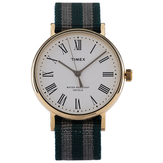 Timex Orologio al Quarzo FAIRFIELD AVENUE con quadrante in ottone case oro 37 MM cinturino Reversibile Blu-Bianco-Rosso Verde-Bianco