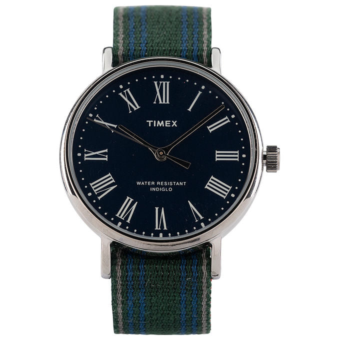 Timex Orologio al quarzo FAIRFIELD AVENUE quadrante blu case argento cinturino in tessuto reversibile con luce notturna INDIGLO resistente all'acqua fino a 30 metri