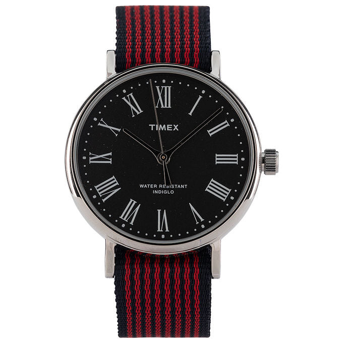 Timex Orologio al quarzo FAIRFIELD AVENUE quadrante in ottone 37 MM con case argento quadrante nero e cinturino reversibile tessuto Blu-Rosso