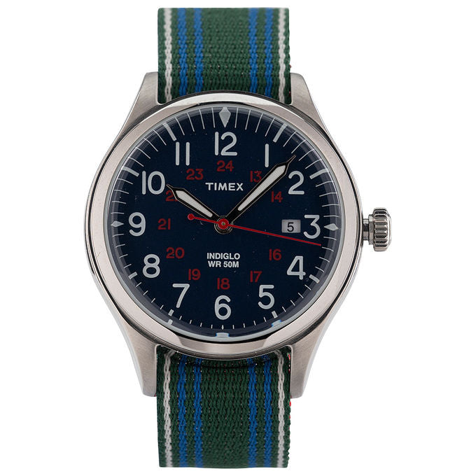 Timex Orologio al quarzo WATERBURY UNITED 38MM in acciaio blu con cinturino reversibile Verde-Bianco-Blu e Rosso-Bianco