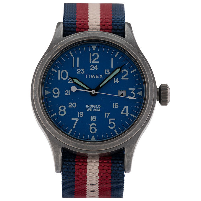 Timex Orologio al Quarzo SCOUT 40 MM con Quadrante Blu e Cinturino in Tessuto Blu-Rosso-Bianco Resistente all'Acqua fino a 50 M