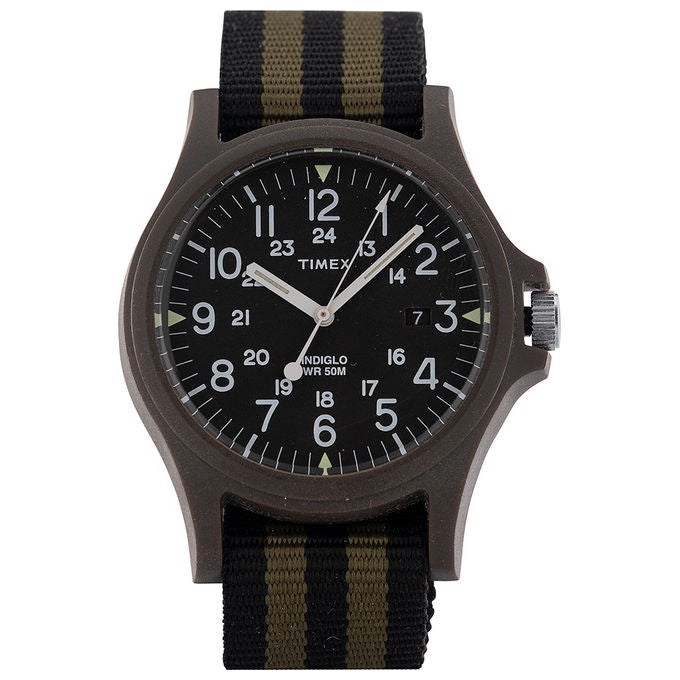 Timex Orologio al quarzo ACADIA quadrante in resina 40 MM case colore verde - quadrante nero cinturino in tessuto Nero-Verde 20 MM con luce notturna INDIGLO resistente all'acqua fino a 50 M di profondita