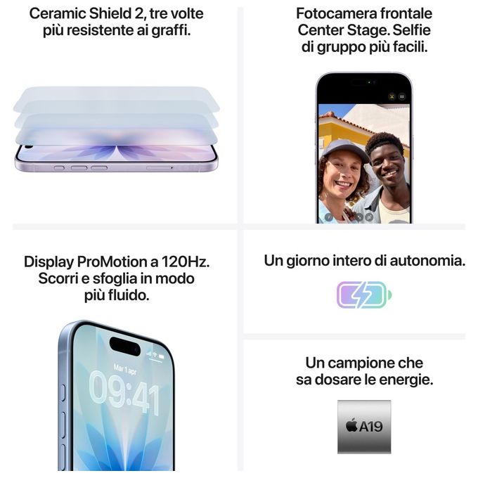 Apple MG6L4QL-A iPhone 17 Smartphone 5G 6.3'' OLED 256GB Chip A19 Doppia Cam 48MP iOS 26 colore Azzurro Nebbia