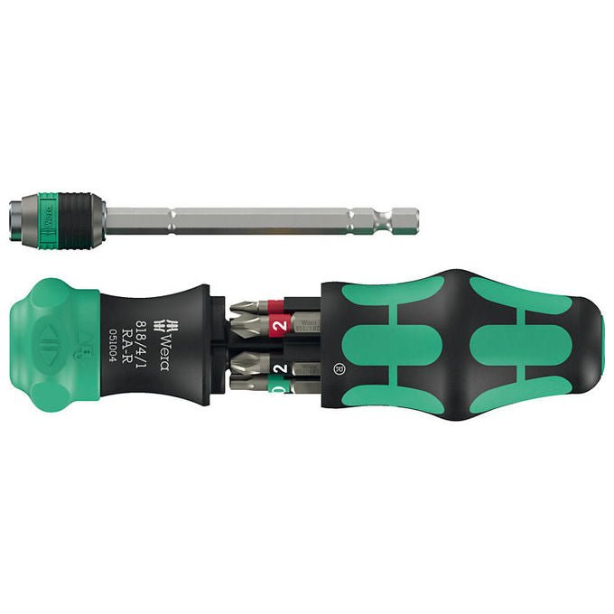 Wera 05051513001 Kraftform Kompakt 20 RA-R Set di bit con cricchetto integrato e 6 inserti PH PZ TORX Piatto lunghezza 25 mm materiale acciaio funzione cricchetto colore Nero-Verde