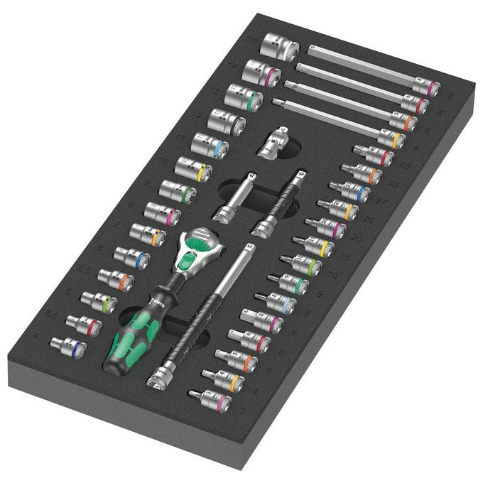 Wera 05150110001 8000 A Zyklop Set di attrezzi 37 pezzi Testa cricchetto inclinabile Sistema di bloccaggio Facile accesso spazi ristretti colore Nero Verde