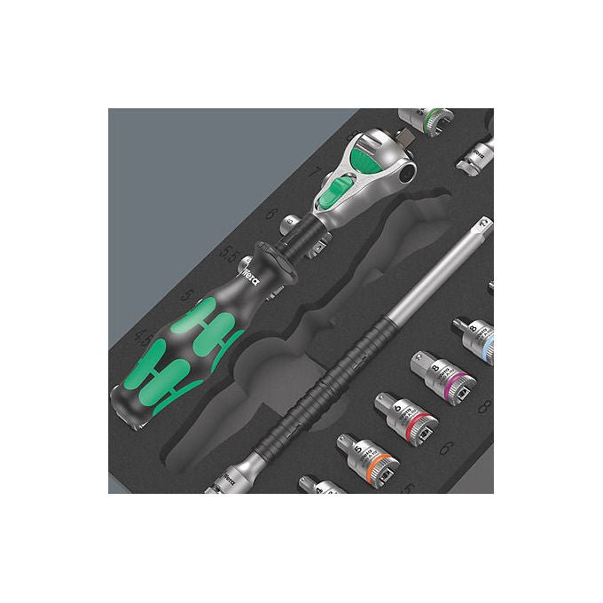 Wera 05150110001 8000 A Zyklop Set di attrezzi 37 pezzi Testa cricchetto inclinabile Sistema di bloccaggio Facile accesso spazi ristretti colore Nero Verde