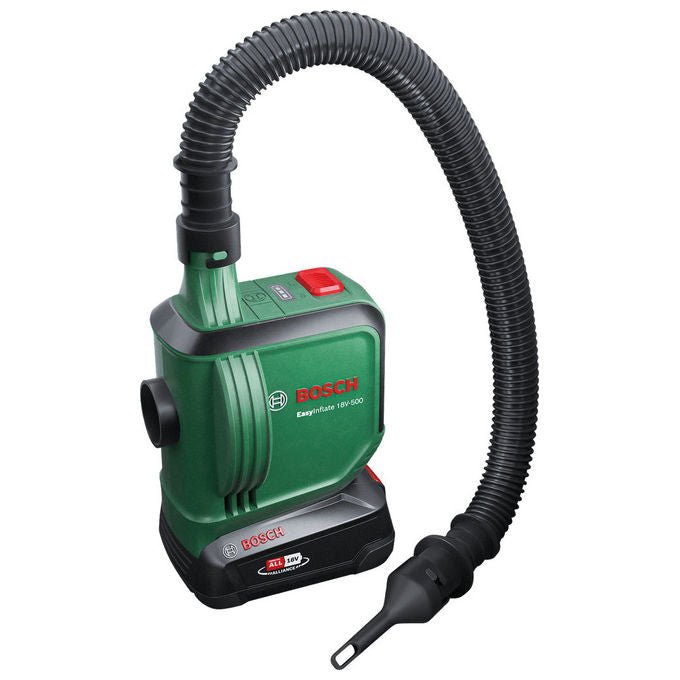 Bosch 0603947201 EasyInflate 18V-500 Pompa ad Aria Elettrica 530 l-min Pressione 0,03 bar con Batteria 18 V Flusso d'aria 530 l-min Tubo 0,5 m 3 Ugelli Borsa in Tessuto colore Verde