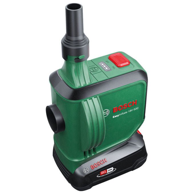 Bosch 0603947201 EasyInflate 18V-500 Pompa ad Aria Elettrica 530 l-min Pressione 0,03 bar con Batteria 18 V Flusso d'aria 530 l-min Tubo 0,5 m 3 Ugelli Borsa in Tessuto colore Verde