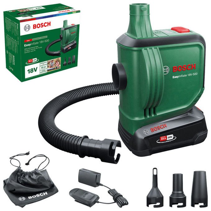 Bosch 0603947201 EasyInflate 18V-500 Pompa ad Aria Elettrica 530 l-min Pressione 0,03 bar con Batteria 18 V Flusso d'aria 530 l-min Tubo 0,5 m 3 Ugelli Borsa in Tessuto colore Verde