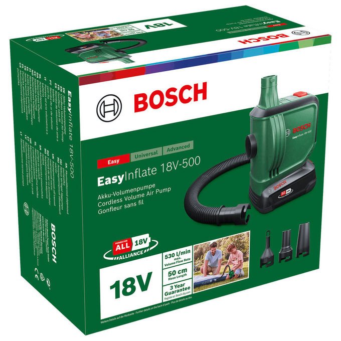 Bosch 0603947201 EasyInflate 18V-500 Pompa ad Aria Elettrica 530 l-min Pressione 0,03 bar con Batteria 18 V Flusso d'aria 530 l-min Tubo 0,5 m 3 Ugelli Borsa in Tessuto colore Verde