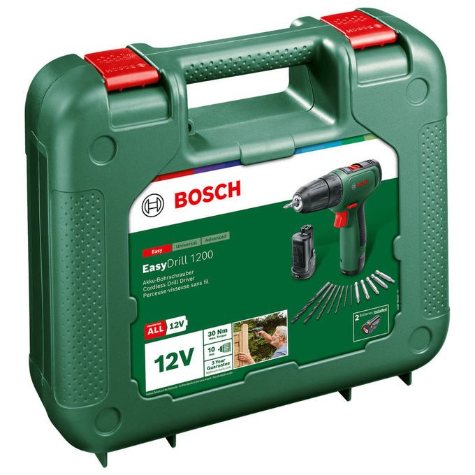 Bosch 06039D3007 EasyDrill 1200 Trapano Avvitatore a Batteria 12 V 2x PBA 12V 1 5 Ah Mandrino Rapido Luce Integrata colore Verde Nero
