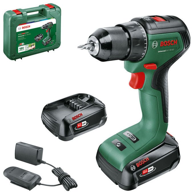 Bosch 06039D7002 Universal Drill 18V-60 Trapano Avvitatore Brushless 18 V 2 Batterie 2 Ah 1900 giri-min Mandrino 13 mm colore Nero Verde