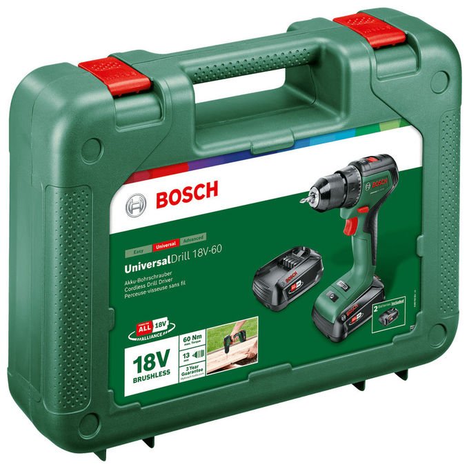 Bosch 06039D7002 Universal Drill 18V-60 Trapano Avvitatore Brushless 18 V 2 Batterie 2 Ah 1900 giri-min Mandrino 13 mm colore Nero Verde