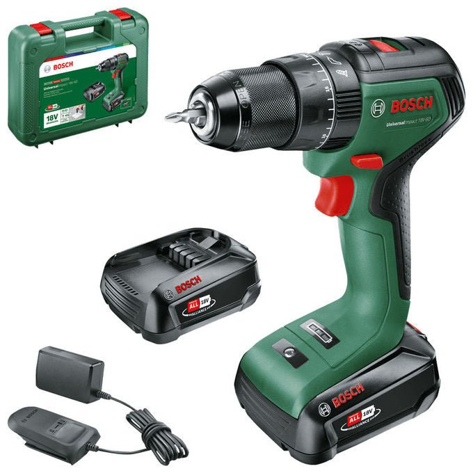 Bosch 06039D7100 UniversalImpact Trapano avvitatore a percussione 18 V 2 Ah coppia max 60 Nm mandrino senza chiave motore senza spazzole colore Verde