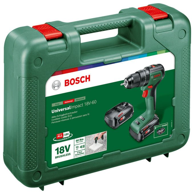 Bosch 06039D7100 UniversalImpact Trapano avvitatore a percussione 18 V 2 Ah coppia max 60 Nm mandrino senza chiave motore senza spazzole colore Verde