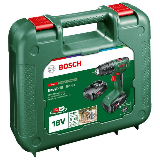 Bosch 06039D8002 EasyDrill Trapano Avvitatore 18V 2x1 5Ah 20 Coppie di Serraggio Mandrino 13 mm con 2 Batterie e Valigetta colore Nero