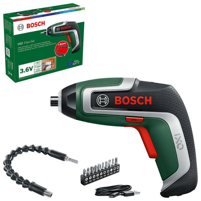 Bosch 06039E000A IXO 7 Avvitatore Cordless 3,6 V 5,5 Nm 235 giri-min con Batteria Li-Ion e Set di Punte colore Nero Verde