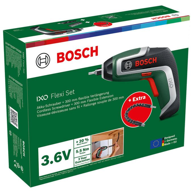 Bosch 06039E000A IXO 7 Avvitatore Cordless 3,6 V 5,5 Nm 235 giri-min con Batteria Li-Ion e Set di Punte colore Nero Verde