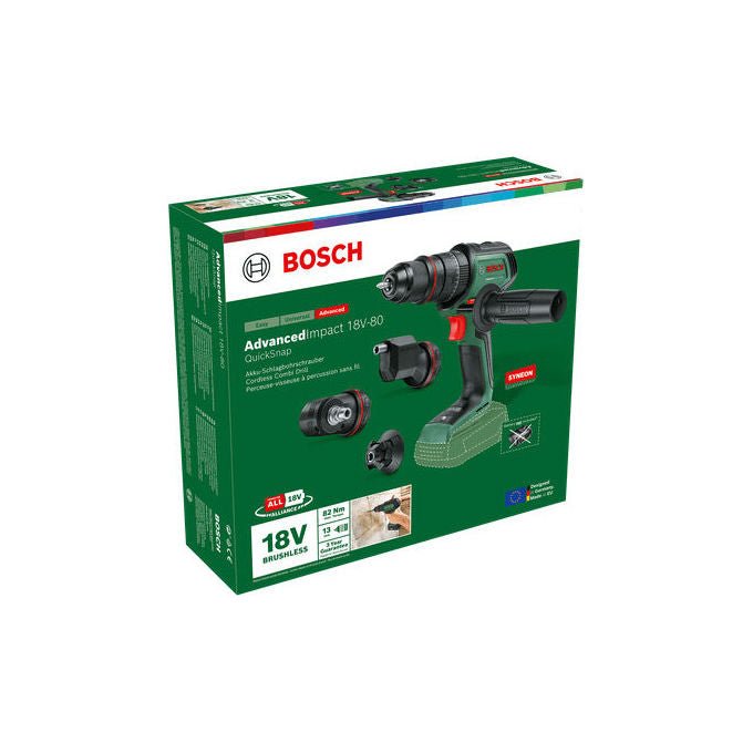 Bosch 06039E2103 AdvancedImpact 18V-80 Trapano a percussione a batteria Coppia massima 82 Nm Velocita' 0-1950 giri-min Mandrino autoserrante 13 mm Colore Verde
