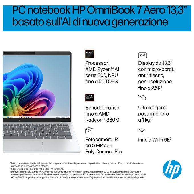 HP D47KTEA OmniBook 7 Aero Laptop Next Gen AI 13-bg1002nl Processore AMD Ryzen AI 7 350 RAM 32 GB SSD 1 TB Schermo 13.3'' 2K 1920 x 1200 Pixel Windows 11 Home colore Argento