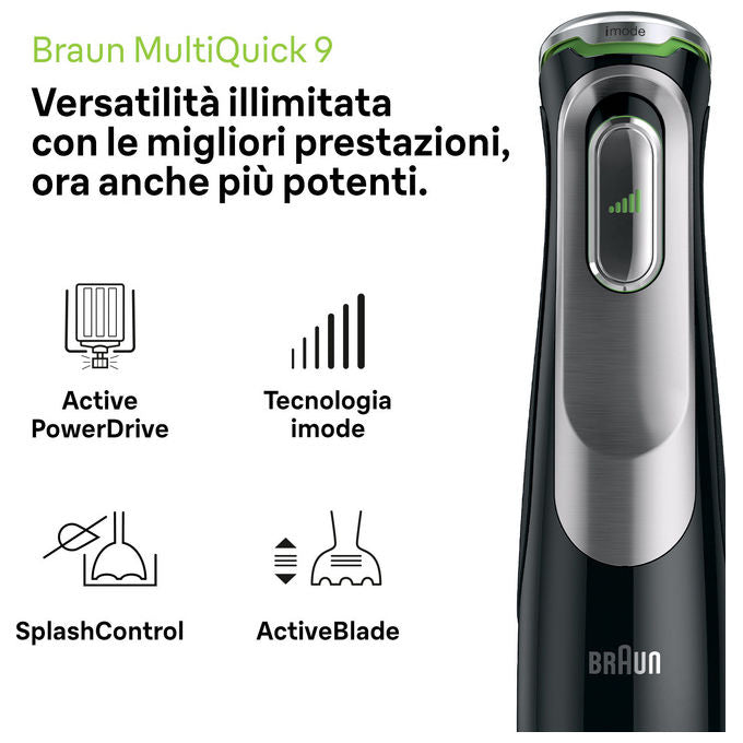 Braun 0X22111380 MultiQuick 9 Frullatore ad immersione 1200 W con ciotola 2 L e tritatutto 0,5 L colore Nero Acciaio inox