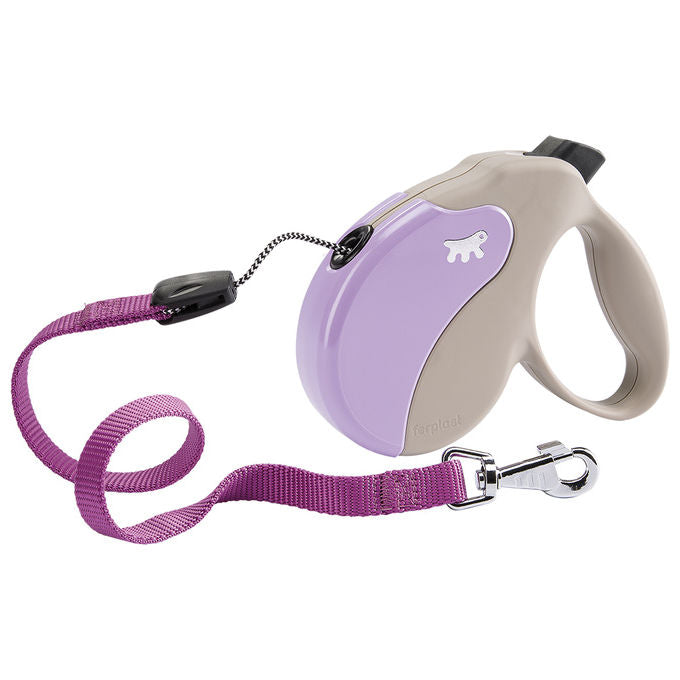 Ferplast Guinzaglio per Cani Allungabile AMIGO LARGE, Guinzaglio per Cani Taglia Grande fino a 50 Kg. Cordino max 5 m. Unico Pulsante per Blocco e Rilascio, Beige, Cover Viola