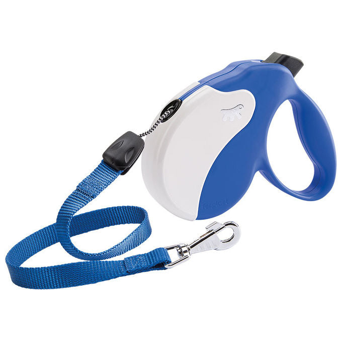 Ferplast Guinzaglio per Cani Allungabile AMIGO LARGE, Guinzaglio per Cani Taglia Grande fino a 50 Kg. Cordino max 5 m. Unico Pulsante per Blocco e Rilascio, Blu, Cover Bianca