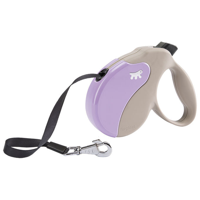 Ferplast Guinzaglio per Cani Allungabile AMIGO MEDIUM, Guinzaglio per Cani Taglia Media fino a 25 Kg. Fettuccia max 5 m. Unico Pulsante per Blocco e Rilascio, Beige, Cover Viola