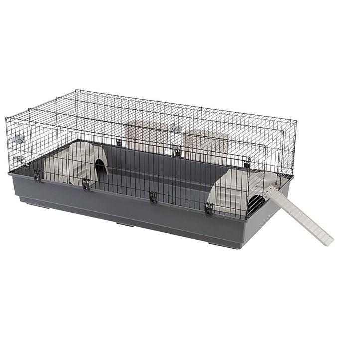 FERPLAST Gabbia Roditori RABBIT 140 per Conigli, Cavie, Porcellini d'India, in Metallo, Accessori inclusi:  Mangiatoie, Beverini, Ciotole, Casette, Rampa di accesso dall'esterno. 140x71xh51cm