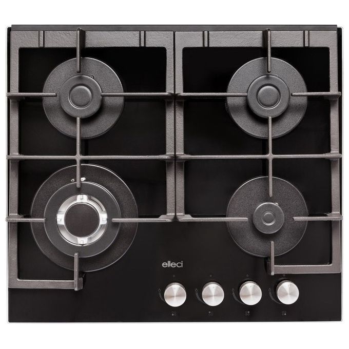 Elleci PKCQ60286WS Linea Quadro Piano Cottura a Gas 60 4 Zone 1 Tripla Corona laterale Griglie Ghisa 60 cm Cristallo temperato Nero