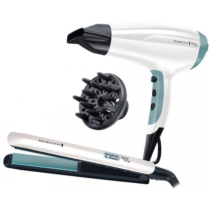 Remington S8500GP Shine Therapy – Set asciugacapelli 2300W + piastra 230°C, tecnologia Ceramica-Argan, 3 temperature e 2 velocita', colpo freddo, accessori inclusi, colore Verde
