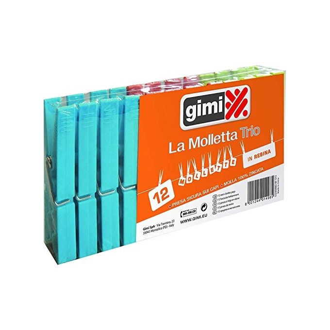 Gimi Trio La Molletta Multicolore 12 Unita' per Stendibiancheria in Resina Mix con Azzurro Verde e Viola 2x1.5x9cm